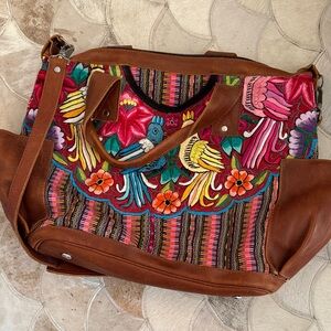 Large Nena & Co. Embroidered weekender/tote with Brown Leather- vintage.